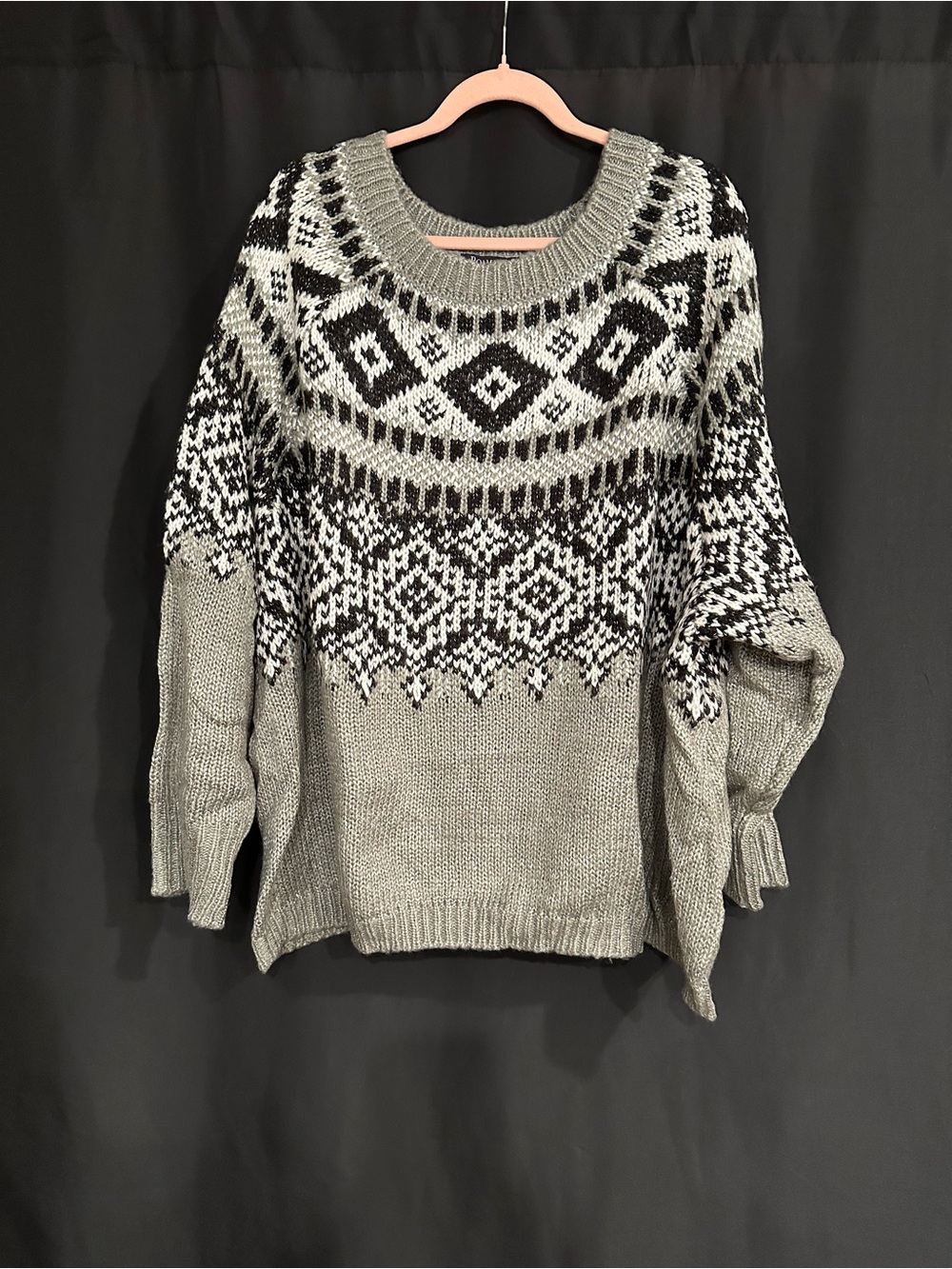 Roaman's Gray and Black Fair Isle Crewneck Sweater